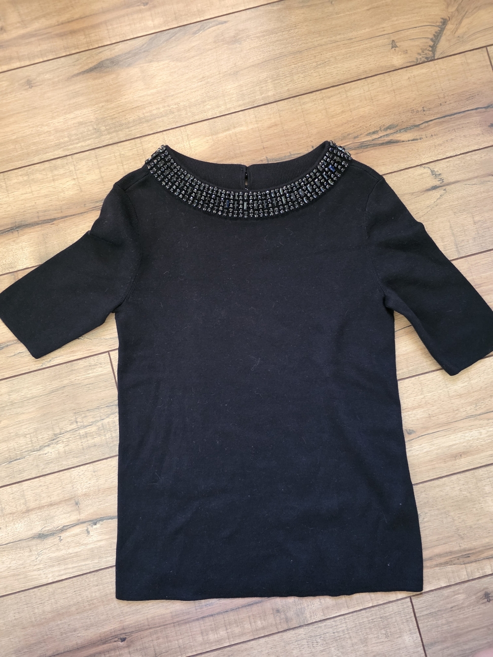 Talbots Black Embellished Jeweled Beaded Neck Short Sleeve Sweater XS Extra Smal